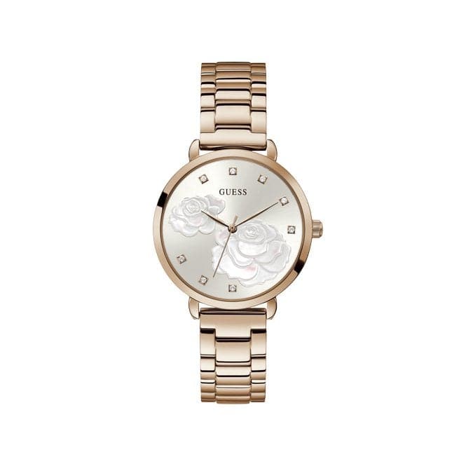 Guess Watches Ladies Rose Gold Sparkling Rose Steel Floral Print Watch Gw0242l3