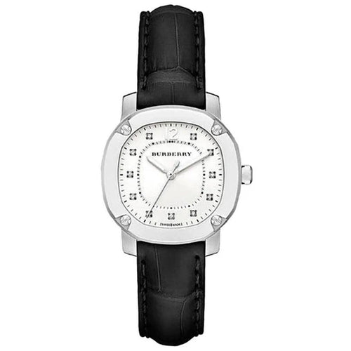 Burberry The Britain Diamonds White Dial Black Leather Strap Watch For Women Bby1806